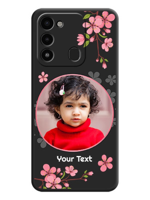 Custom Round Image with Pink Color Floral Design on Photo on Space Black Soft Matte Back Cover - Tecno Spark Go 2022