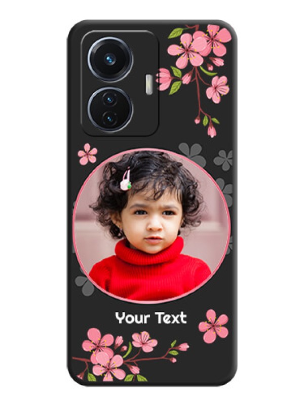 Custom Round Image with Pink Color Floral Design on Photo on Space Black Soft Matte Back Cover - Vivo T1 44W 4G
