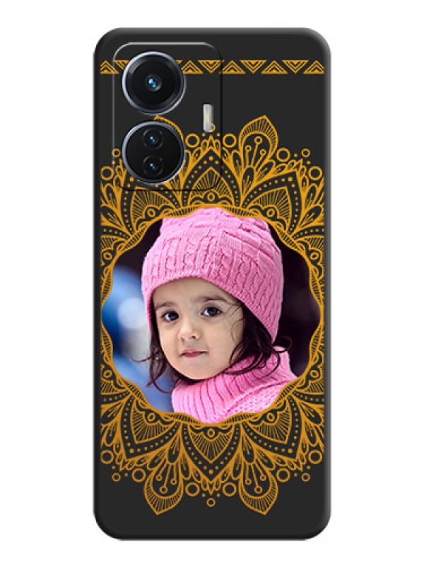 Custom Round Image with Floral Design on Photo on Space Black Soft Matte Mobile Cover - Vivo T1 44W 4G