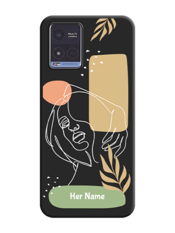 Custom Custom Text With Line Art Of Women & Leaves Design On Space Black Personalized Soft Matte Phone Covers -Vivo T1X