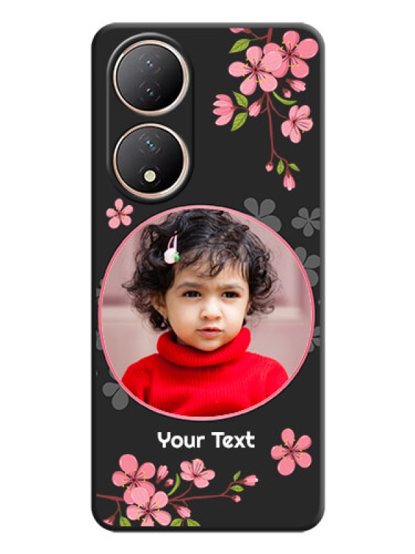 Custom Round Image with Pink Color Floral Design on Photo on Space Black Soft Matte Back Cover - Vivo T2 5G
