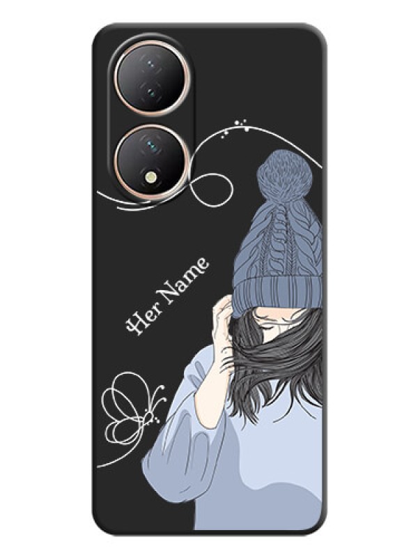 Custom Girl With Blue Winter Outfiit Custom Text Design On Space Black Personalized Soft Matte Phone Covers -Vivo T2 5G