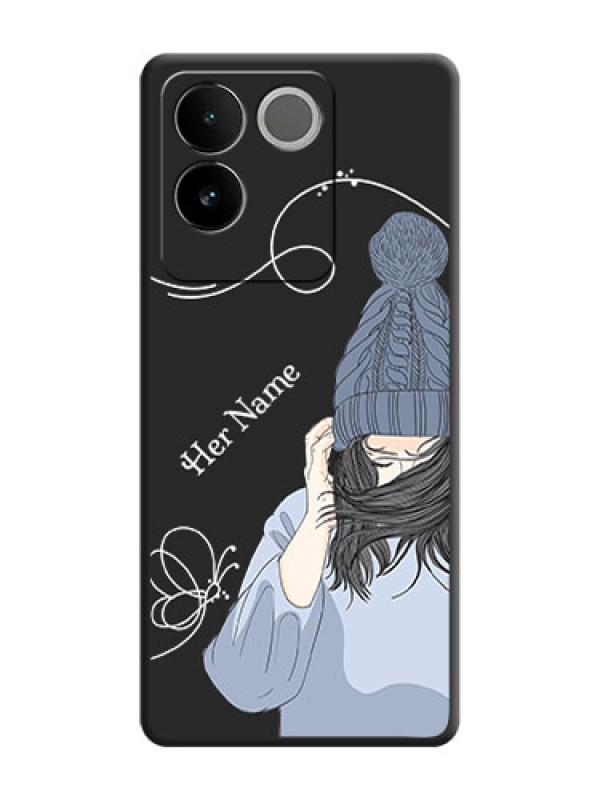 Custom Girl With Blue Winter Outfiit Custom Text Design On Space Black Custom Soft Matte Mobile Back Cover - Vivo T2 Pro 5G