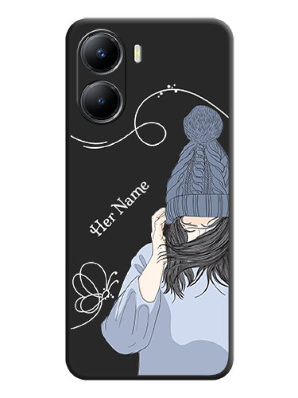 Custom Girl With Blue Winter Outfiit Custom Text Design On Space Black Personalized Soft Matte Phone Covers -Vivo T2X 5G