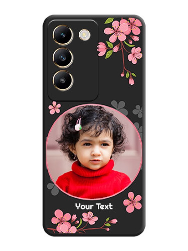 Custom Round Image with Pink Color Floral Design - Photo on Space Black Soft Matte Back Cover - Vivo T3 5G