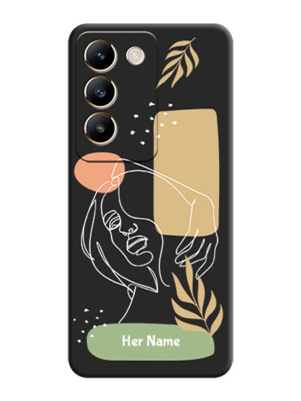 Custom Custom Text With Line Art Of Women & Leaves Design On Space Black Personalized Soft Matte Phone Covers - Vivo T3 5G