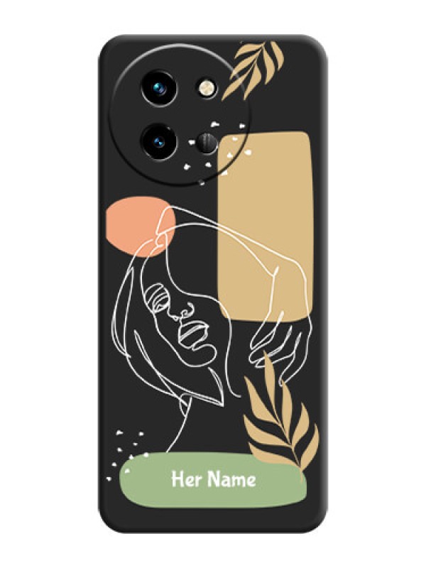 Custom Custom Text With Line Art Of Women & Leaves Design On Space Black Custom Soft Matte Mobile Back Cover - Vivo T3X 5G