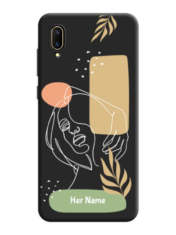 Custom Custom Text With Line Art Of Women & Leaves Design On Space Black Personalized Soft Matte Phone Covers -Vivo V11 Pro