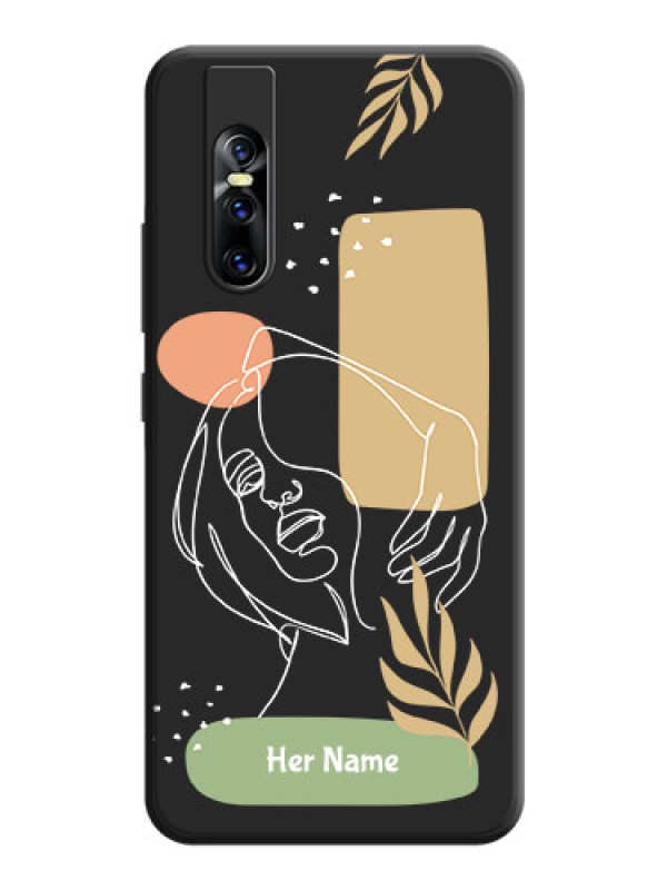 Custom Custom Text With Line Art Of Women & Leaves Design On Space Black Personalized Soft Matte Phone Covers -Vivo V15 Pro