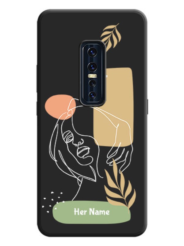 Custom Custom Text With Line Art Of Women & Leaves Design On Space Black Personalized Soft Matte Phone Covers -Vivo V17 Pro