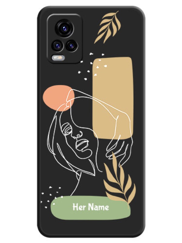 Custom Custom Text With Line Art Of Women & Leaves Design On Space Black Personalized Soft Matte Phone Covers -Vivo V20 2021