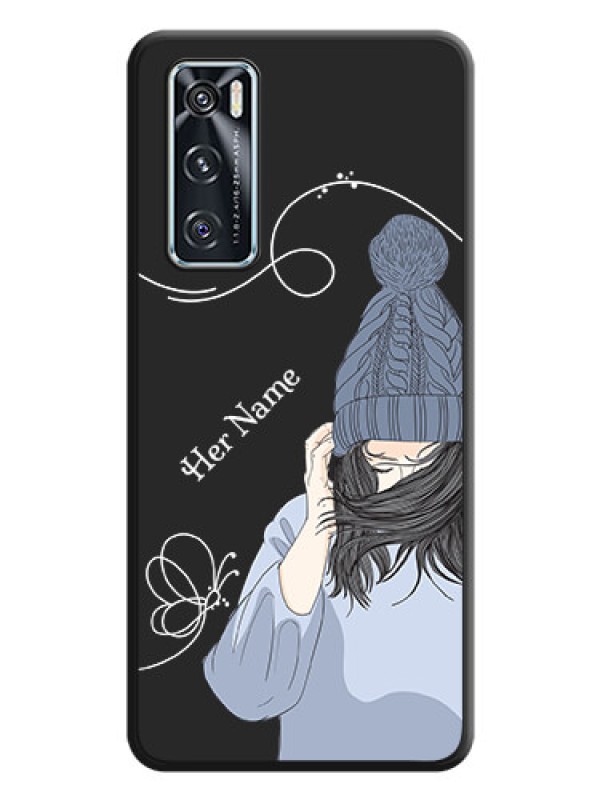 Custom Girl With Blue Winter Outfiit Custom Text Design On Space Black Personalized Soft Matte Phone Covers -Vivo V20 Se