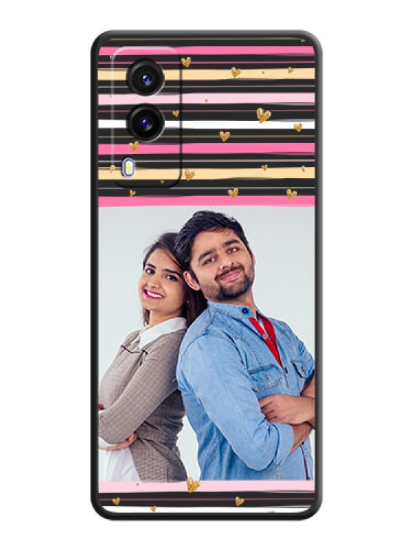 Custom Multicolor Lines and Golden Love Symbols Design on Photo on Space Black Soft Matte Mobile Cover - Vivo V21E 5G