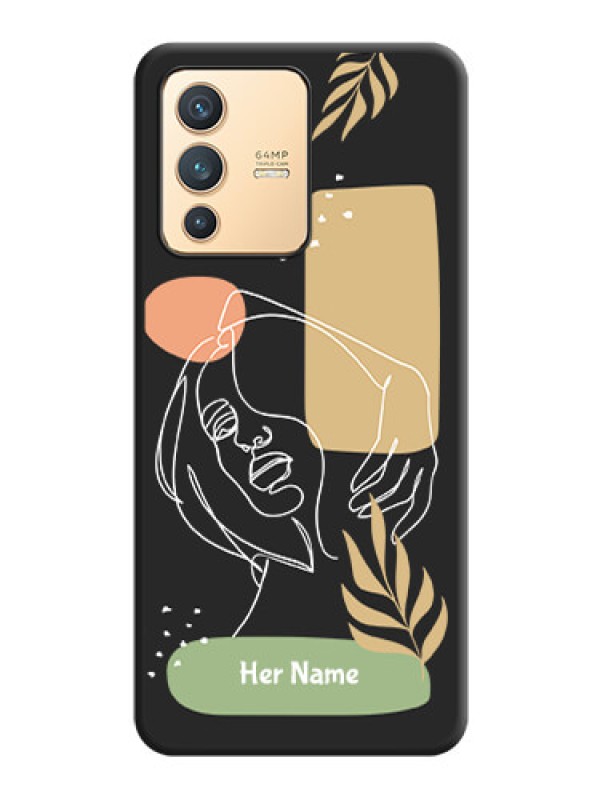 Custom Custom Text With Line Art Of Women & Leaves Design On Space Black Personalized Soft Matte Phone Covers -Vivo V23 5G