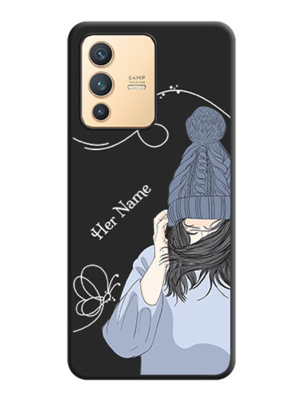Custom Girl With Blue Winter Outfiit Custom Text Design On Space Black Personalized Soft Matte Phone Covers -Vivo V23 5G