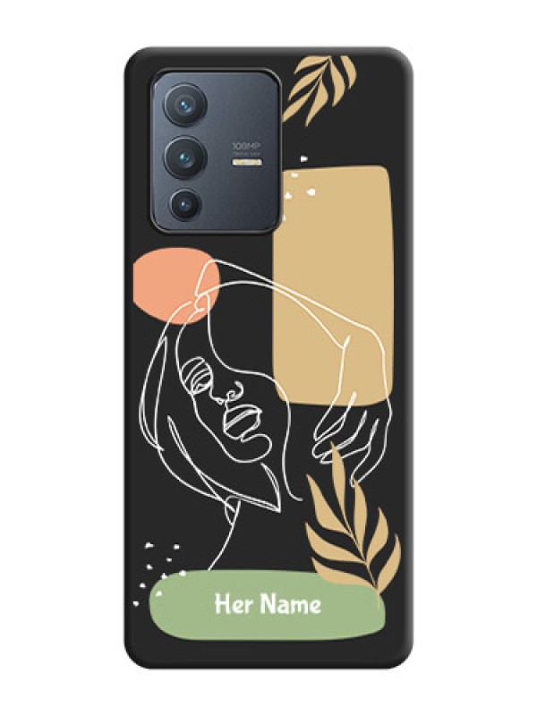 Custom Custom Text With Line Art Of Women & Leaves Design On Space Black Personalized Soft Matte Phone Covers -Vivo V23 Pro 5G