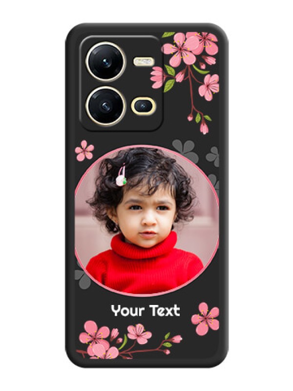 Custom Round Image with Pink Color Floral Design on Photo on Space Black Soft Matte Back Cover - Vivo V25 5G