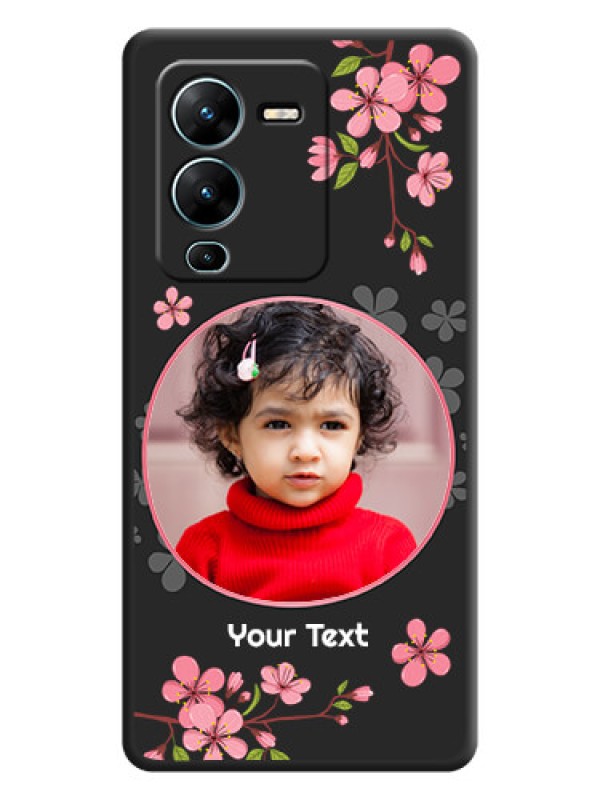 Custom Round Image with Pink Color Floral Design on Photo on Space Black Soft Matte Back Cover - Vivo V25 Pro 5G