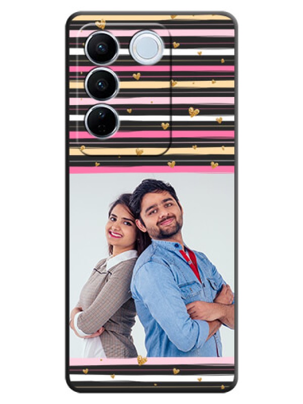 Custom Multicolor Lines and Golden Love Symbols Design on Photo on Space Black Soft Matte Mobile Cover - Vivo V27 Pro