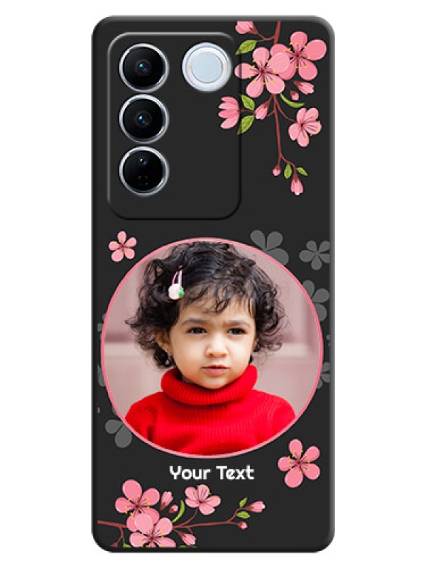 Custom Round Image with Pink Color Floral Design on Photo on Space Black Soft Matte Back Cover - Vivo V27 Pro