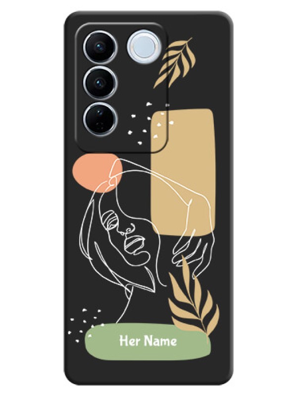 Custom Custom Text With Line Art Of Women & Leaves Design On Space Black Personalized Soft Matte Phone Covers -Vivo V27 Pro
