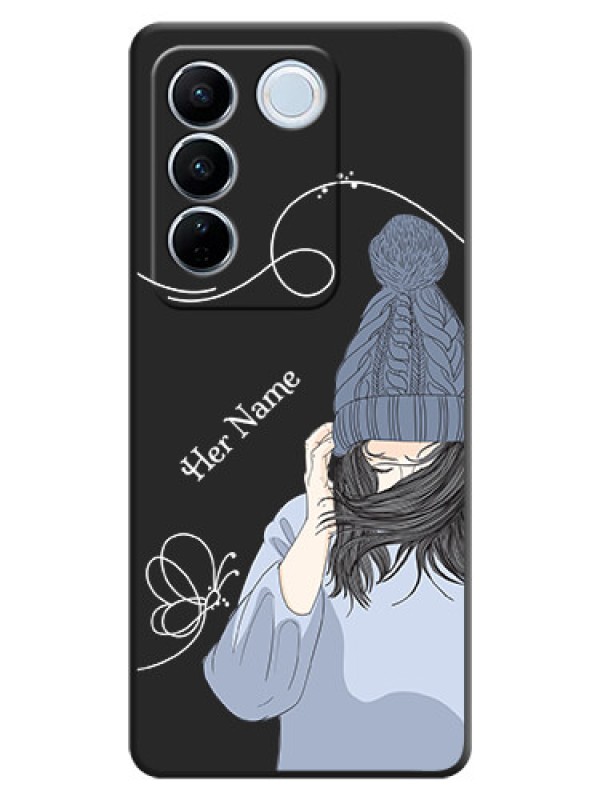 Custom Girl With Blue Winter Outfiit Custom Text Design On Space Black Personalized Soft Matte Phone Covers -Vivo V27 Pro