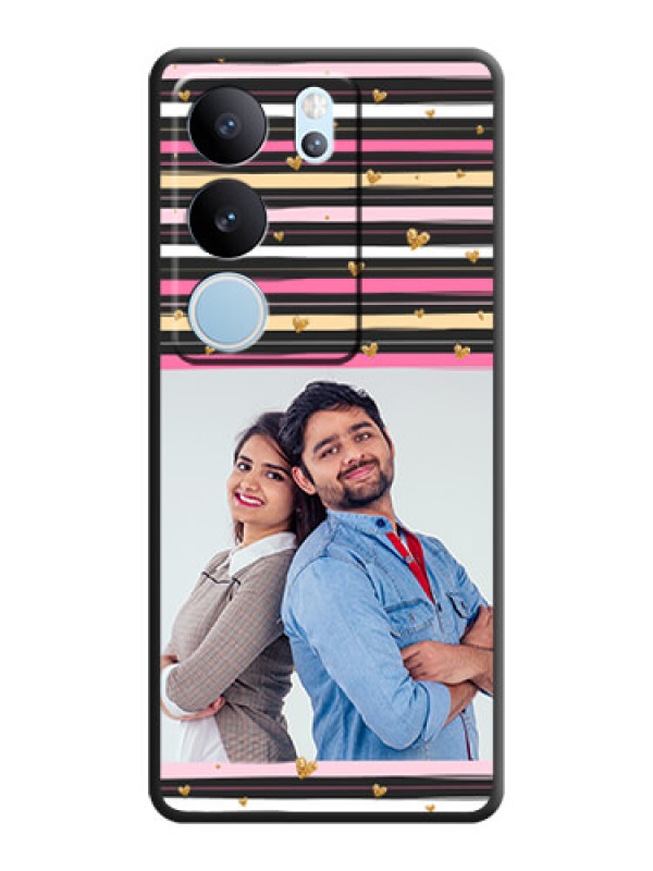 Custom Multicolor Lines and Golden Love Symbols Design on Photo On Space Black Custom Soft Matte Mobile Back Cover - Vivo V29 5G