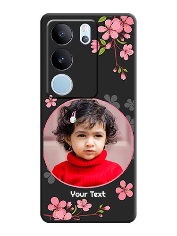 Custom Round Image with Pink Color Floral Design on Photo On Space Black Custom Soft Matte Mobile Back Cover - Vivo V29 5G