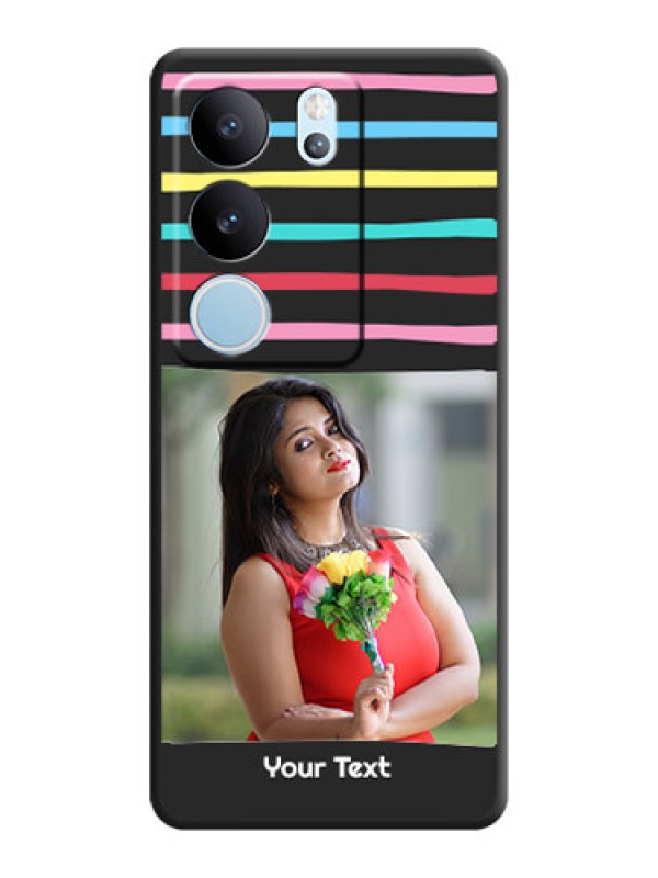 Custom Multicolor Lines with Image On Space Black Custom Soft Matte Mobile Back Cover - Vivo V29 5G