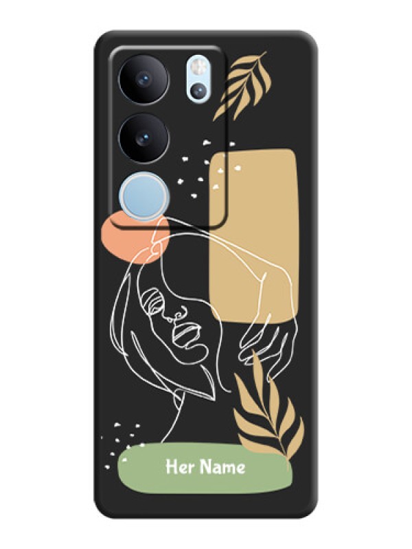 Custom Custom Text With Line Art Of Women & Leaves Design On Space Black Custom Soft Matte Mobile Back Cover - Vivo V29 5G