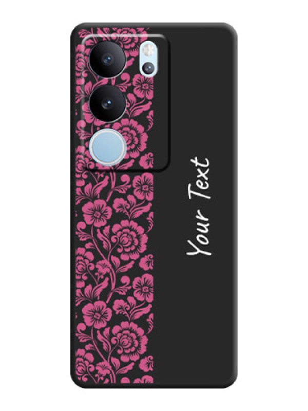 Custom Pink Floral Pattern Design With Custom Text On Space Black Custom Soft Matte Mobile Back Cover - Vivo V29 5G