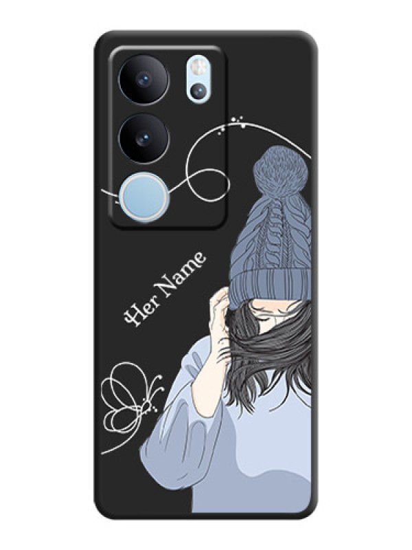 Custom Girl With Blue Winter Outfiit Custom Text Design On Space Black Custom Soft Matte Mobile Back Cover - Vivo V29 5G