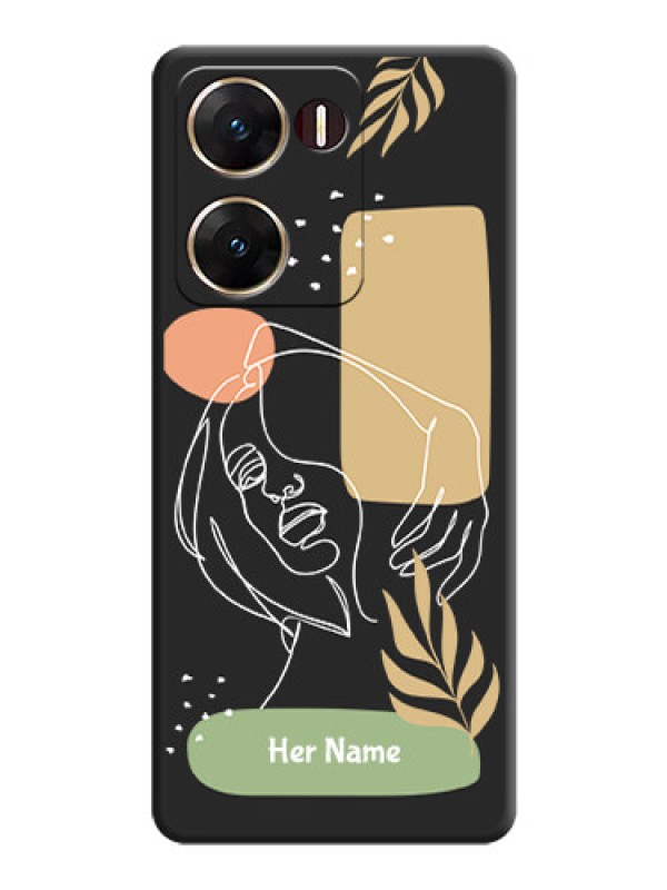 Custom Custom Text With Line Art Of Women & Leaves Design On Space Black Custom Soft Matte Mobile Back Cover - Vivo V29E 5G