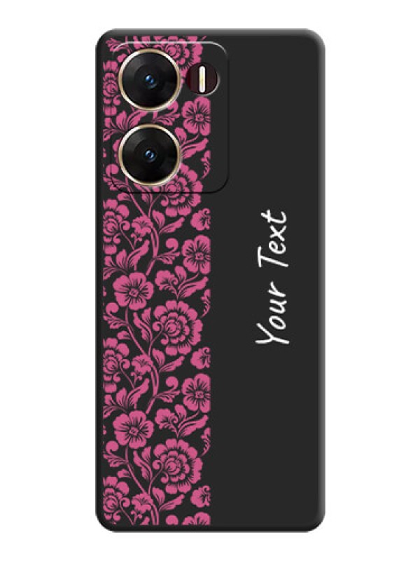 Custom Pink Floral Pattern Design With Custom Text On Space Black Custom Soft Matte Mobile Back Cover - Vivo V29E 5G