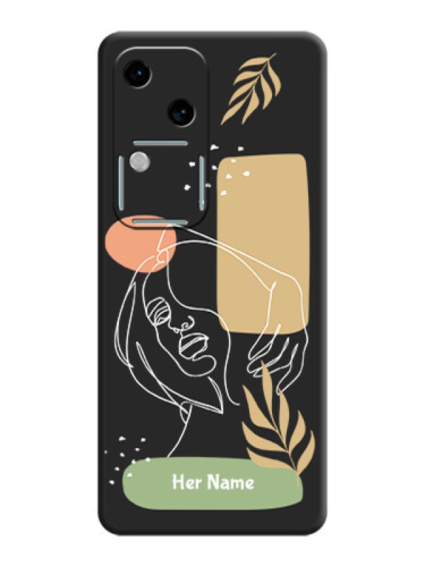 Custom Custom Text With Line Art Of Women & Leaves Design On Space Black Personalized Soft Matte Phone Covers - Vivo V30 5G