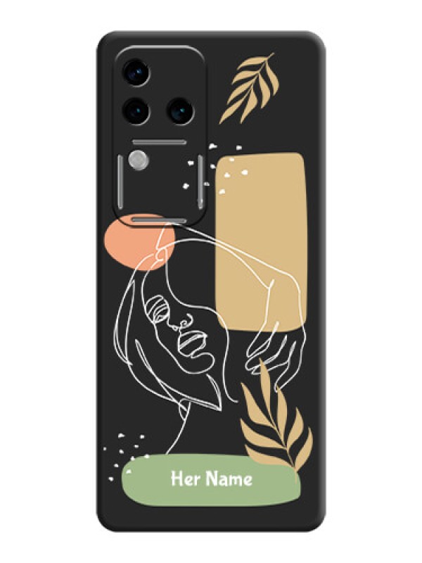 Custom Custom Text With Line Art Of Women & Leaves Design On Space Black Personalized Soft Matte Phone Covers - Vivo V30 Pro 5G