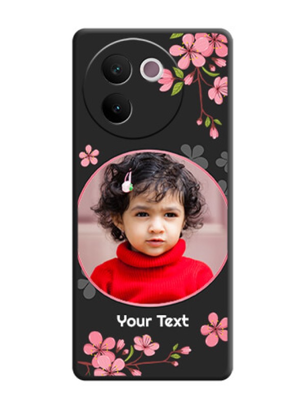 Custom Round Image with Pink Color Floral Design on Photo On Space Black Custom Soft Matte Mobile Back Cover - Vivo V30e 5G