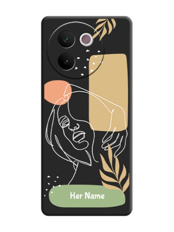 Custom Custom Text With Line Art Of Women & Leaves Design On Space Black Custom Soft Matte Mobile Back Cover - Vivo V30e 5G