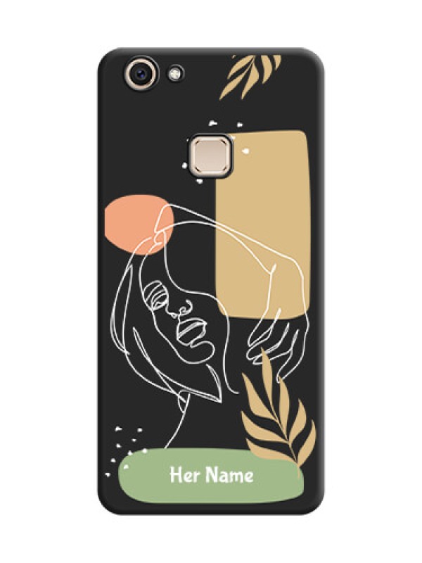 Custom Custom Text With Line Art Of Women & Leaves Design On Space Black Custom Soft Matte Mobile Back Cover - Vivo V7 Plus