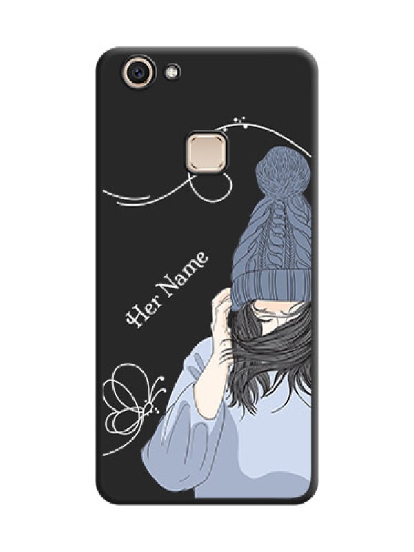 Custom Girl With Blue Winter Outfiit Custom Text Design On Space Black Custom Soft Matte Mobile Back Cover - Vivo V7 Plus