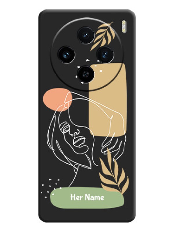 Custom Custom Text With Line Art Of Women & Leaves Design On Space Black Personalized Soft Matte Phone Covers - Vivo X100 5G