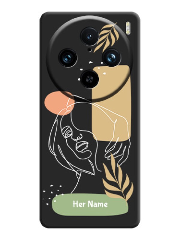 Custom Custom Text With Line Art Of Women & Leaves Design On Space Black Personalized Soft Matte Phone Covers - Vivo X100 Pro 5G