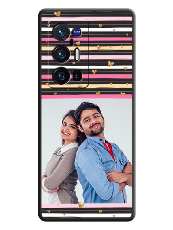 Custom Multicolor Lines and Golden Love Symbols Design on Photo on Space Black Soft Matte Mobile Cover - Vivo X70 Pro Plus 5G