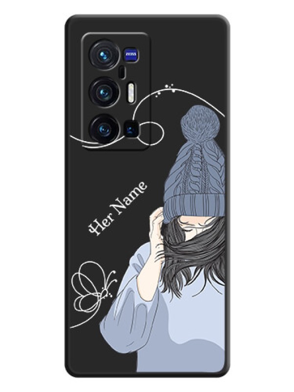 Custom Girl With Blue Winter Outfiit Custom Text Design On Space Black Personalized Soft Matte Phone Covers -Vivo X70 Pro Plus 5G