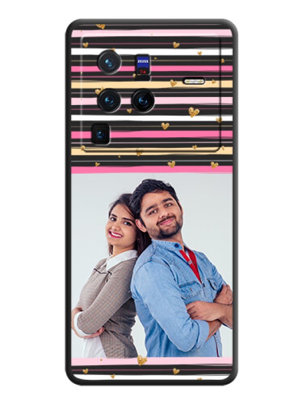 Custom Multicolor Lines and Golden Love Symbols Design on Photo on Space Black Soft Matte Mobile Cover - Vivo X80 Pro 5G