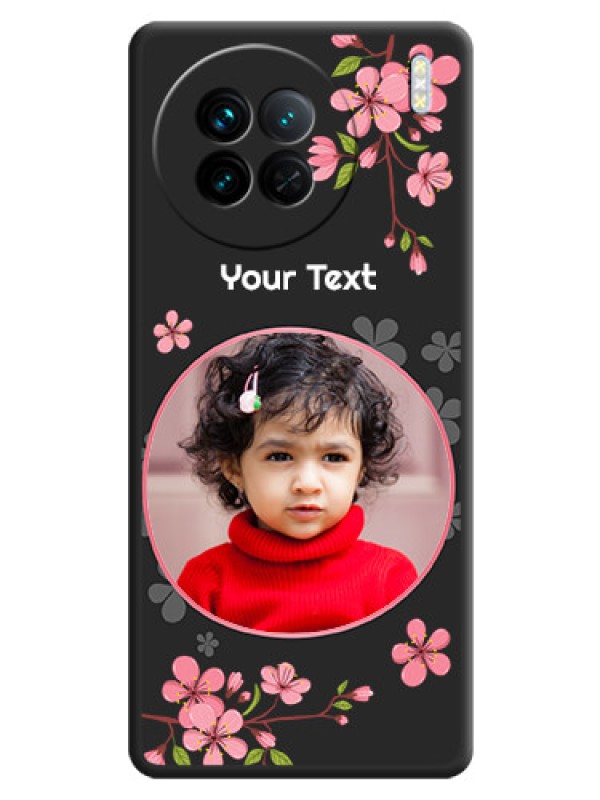 Custom Round Image with Pink Color Floral Design on Photo on Space Black Soft Matte Back Cover - Vivo X90 5G