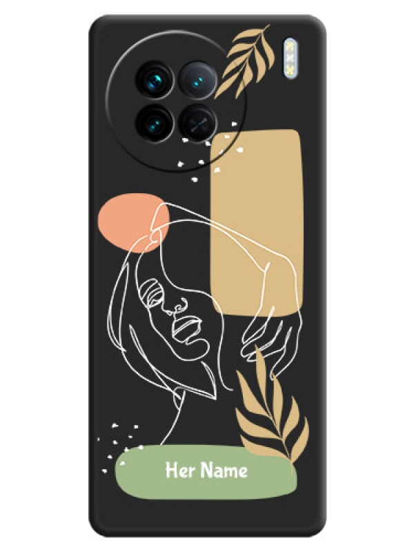 Custom Custom Text With Line Art Of Women & Leaves Design On Space Black Personalized Soft Matte Phone Covers -Vivo X90 5G