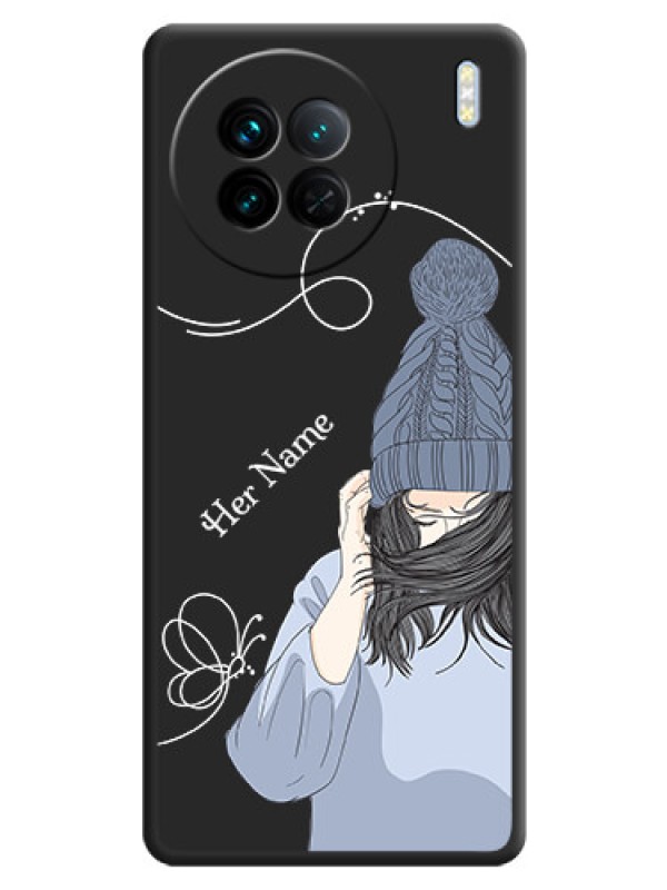 Custom Girl With Blue Winter Outfiit Custom Text Design On Space Black Personalized Soft Matte Phone Covers -Vivo X90 5G