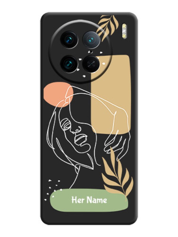Custom Custom Text With Line Art Of Women & Leaves Design On Space Black Personalized Soft Matte Phone Covers - Vivo X90 Pro 5G