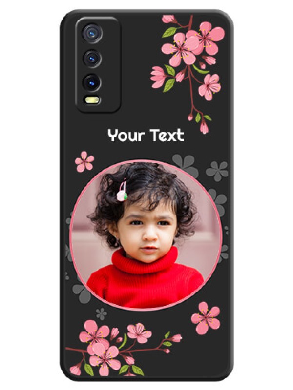 Custom Round Image with Pink Color Floral Design on Photo on Space Black Soft Matte Back Cover - Vivo Y12s
